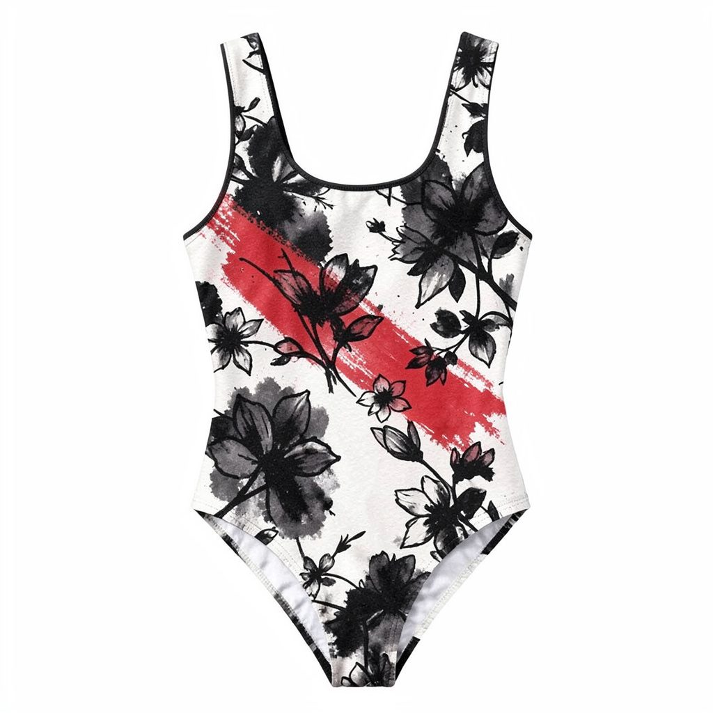 A soft charcoal and ivory sketch of a model posing in a floral print tankini, capturing a poised and confident editorial atmosphere