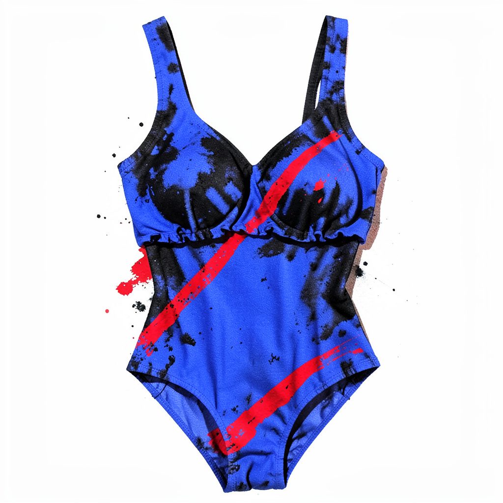 Bold charcoal sketch of a royal blue flounce swimsuit top, illustrated with elegant linework against a warm off-white background