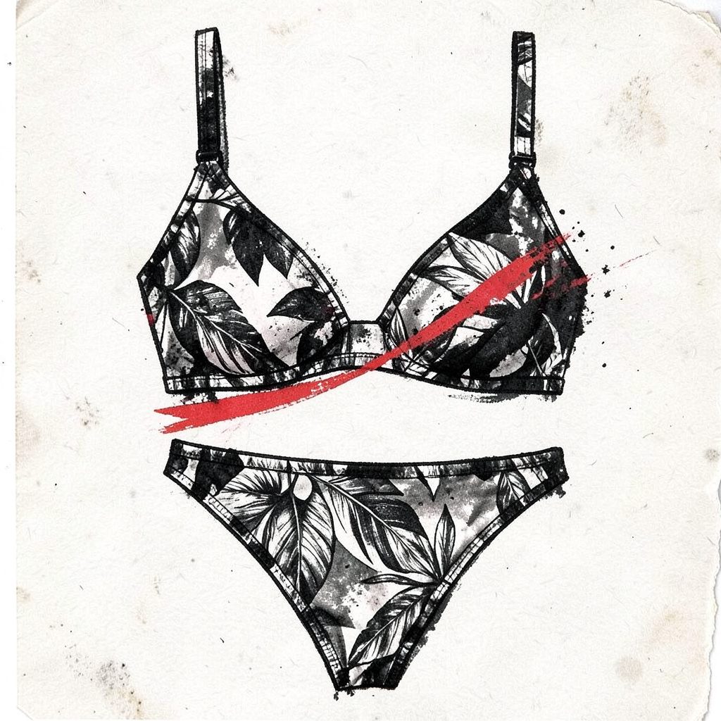 Bold charcoal sketch of a black and white leaf print bikini top on a soft cream wash