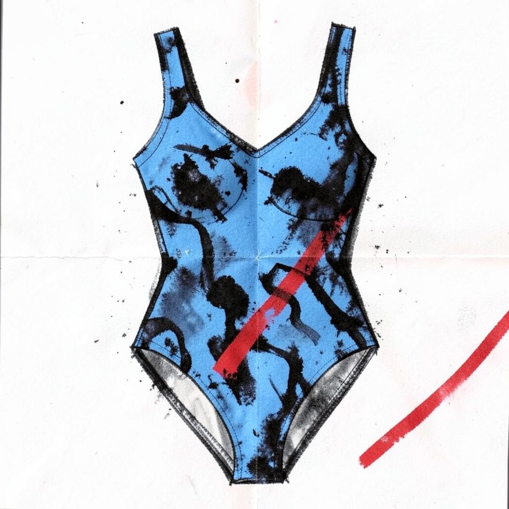 Wide charcoal illustration of a patterned plus size swimsuit in deep blues and creams, presented as a refined editorial drawing with soft tonal washes